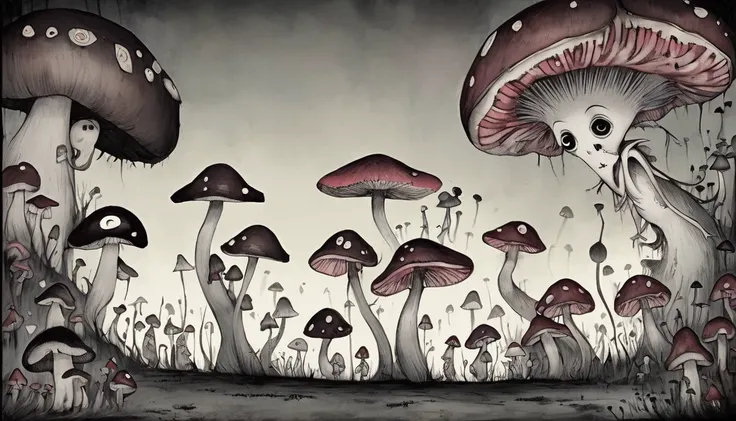     Tim Burton's Style、Lots of mushrooms、Strange person