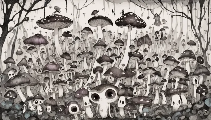     Tim Burton's Style、Lots of mushrooms、Strange person