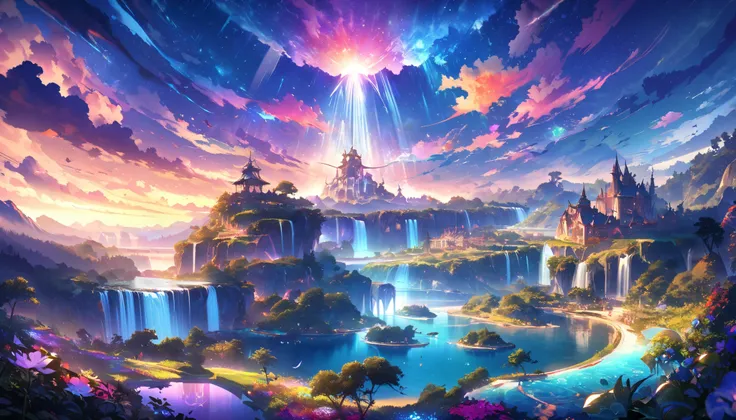 paradise, colorful,A dreamy fantasy landscape,Extremely Coloured Scenery, cloud, light piercing through the cloud,Spectacular and majestic views, shot with a fisheye lens , Can you see large planets in the sky,Multiple beautiful waterfalls,Water surface re...