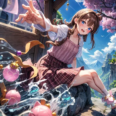 pink brown brown hair、 blue eyes、 has hair tied、Two cute、 Plaid Mini Skirt、 BLACK T-SHIRT、 light clothing、 One Piece、 camisole、 high socks 、Teeth are visible、The stone is cracked、 the road is crooked、Mountain々、diagonal、 monsters、fog、 Aurora、moon、 shooting ...