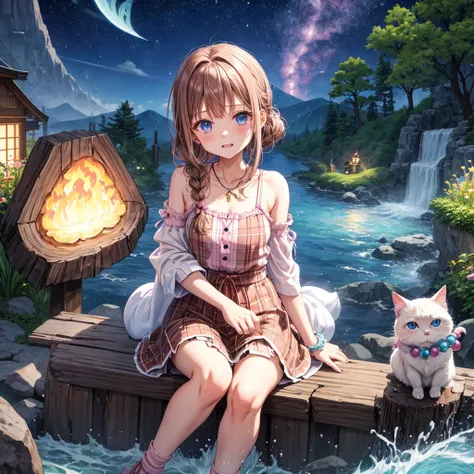 pink brown brown hair、 blue eyes、 has hair tied、Two cute、 Plaid Mini Skirt、 BLACK T-SHIRT、 light clothing、 One Piece、 camisole、 high socks 、Teeth are visible、The stone is cracked、 the road is crooked、Mountain々、diagonal、 monsters、fog、 Aurora、moon、 shooting ...