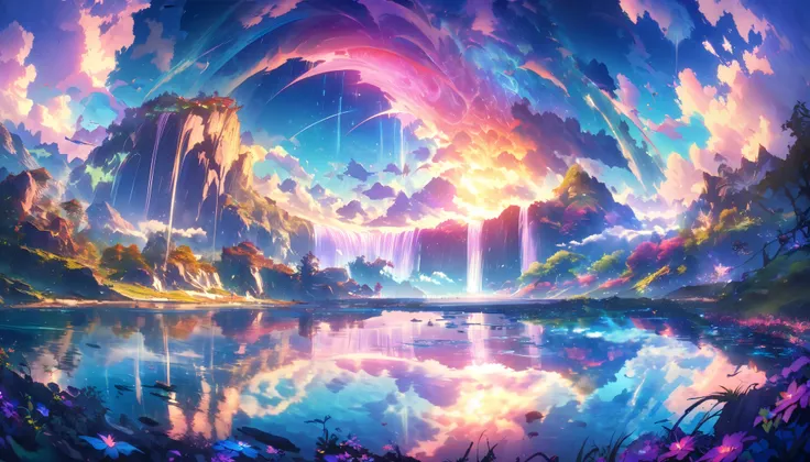 paradise, colorful,A dreamy fantasy landscape,Extremely Coloured Scenery, cloud, light piercing through the cloud,Spectacular and majestic views, shot with a fisheye lens , Can you see large planets in the sky,Multiple beautiful waterfalls,Water surface re...