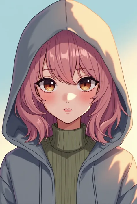 Create an anime-style illustration of a woman with an intense, captivating expression dark brown eyes. She has medium, wavy, pastel pink hair that falls over her shoulders, partially covered by the hood of her gray hoodie. Underneath the hoodie, she wears ...