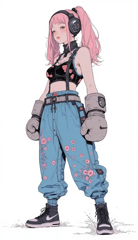 live-action、Genuine、  Japanese girl with light pink hair、 Volume Twin Tails 、Blue Mesh、Pale pink lips、  Black Floral Bikinis  、  moderate bust、  Floral Blue Sweatpants 、  Boxing Gloves  、  Nike High Top Sneakers 、Boxing Headgear 、Close your eyes and medita...