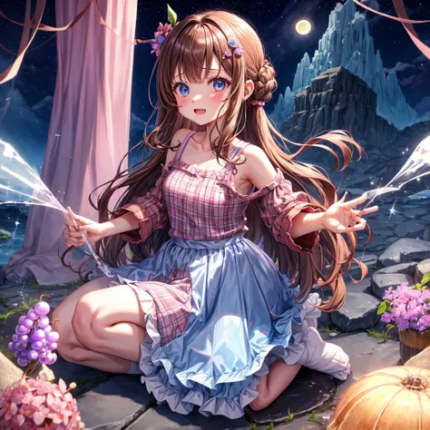 pink brown brown hair、 blue eyes、 has hair tied、Two cute、 Plaid Mini Skirt、 BLACK T-SHIRT、 light clothing、 One Piece、 camisole、 high socks 、Teeth are visible、The stone is cracked、 the road is crooked、Mountain々、diagonal、 monsters、fog、 Aurora、moon、 shooting ...