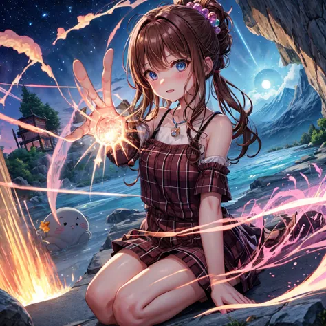 pink brown brown hair、 blue eyes、 has hair tied、Two cute、 Plaid Mini Skirt、 BLACK T-SHIRT、 light clothing、 One Piece、 camisole、 high socks 、Teeth are visible、The stone is cracked、 the road is crooked、Mountain々、diagonal、 monsters、fog、 Aurora、moon、 shooting ...