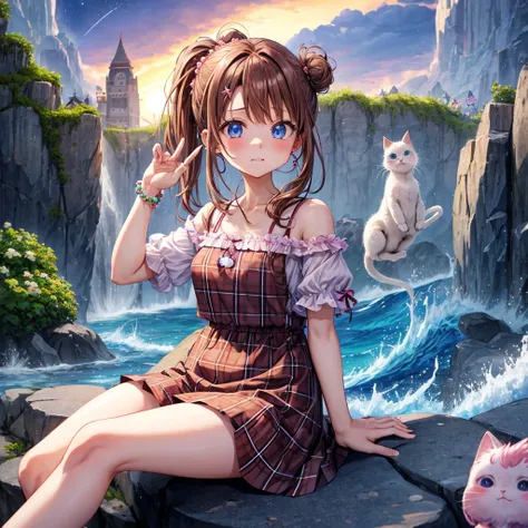 pink brown brown hair、 blue eyes、 has hair tied、Two cute、 Plaid Mini Skirt、 BLACK T-SHIRT、 light clothing、 One Piece、 camisole、 high socks 、Teeth are visible、The stone is cracked、 the road is crooked、Mountain々、diagonal、 monsters、fog、 Aurora、moon、 shooting ...