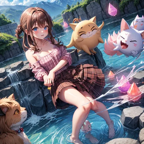 pink brown brown hair、 blue eyes、 has hair tied、Two cute、 Plaid Mini Skirt、 BLACK T-SHIRT、 light clothing、 One Piece、 camisole、 high socks 、Teeth are visible、The stone is cracked、 the road is crooked、Mountain々、diagonal、 monsters、fog、 Aurora、moon、 shooting ...