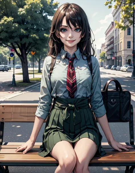 1girl, (((sitting on park bench))), (((masterpiece quality, highres))), smiling, slim waist, wide hips, (((school uniform))),Kobeni Chainsawman