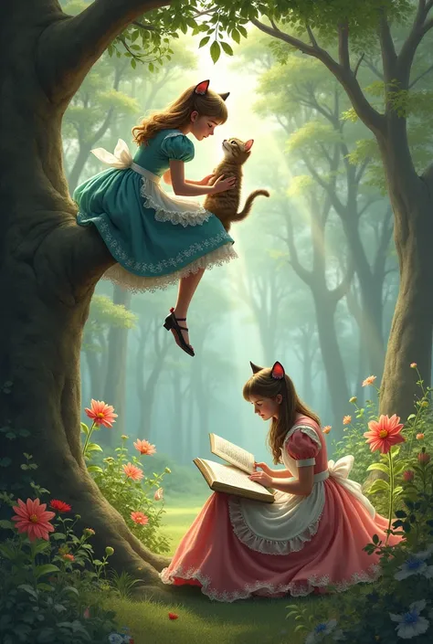 two characters of Alice in wonderland wearing dresses in the garden . one of them playing with a cat on a tree branch . and the other one reading a book on the sole