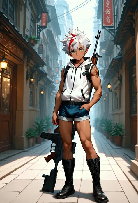 1boy, shota, muscular, dark copper tan skin, solo, silver hair, short spiked hair, red streaked, (white sleeveless jacket with pocket:1.5), body belt, short pants, green eyes, cyberpunked rifle on back, city street, lower buildings, standing on the street,...