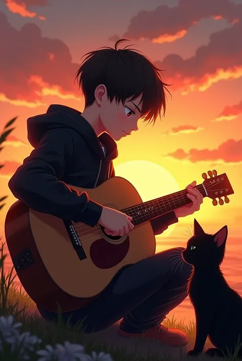 Black hoodie, boy play guitar and cat black, background sunset, comma hair,