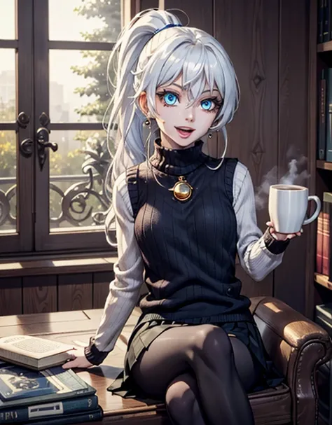 weiss schnee, 1girl, high ponytail, long hair, blue eyes, earrings, very long hair, side ponytail, braided ponytail, scar on face, scar across eye, white hair, ponytail, scar, no scar, breast, small breast, black pantyhose, black skirt, black vest, book, c...