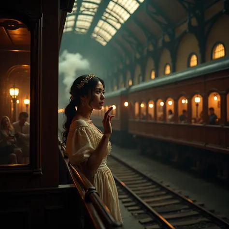 A beautiful woman crying and waving while standing in the observation car attached to the end of the train, a train that looks like an old-fashioned wooden passenger car, an old and large terminal station, a Rococo-style station, people saying farewell, an...