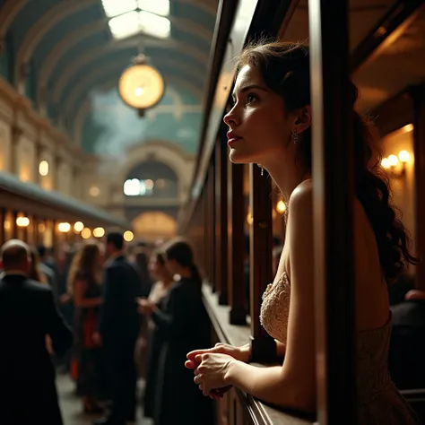 A beautiful woman crying and waving while standing in the observation car attached to the end of the train, a train that looks like an old-fashioned wooden passenger car, an old and large terminal station, a Rococo-style station, people saying farewell, an...