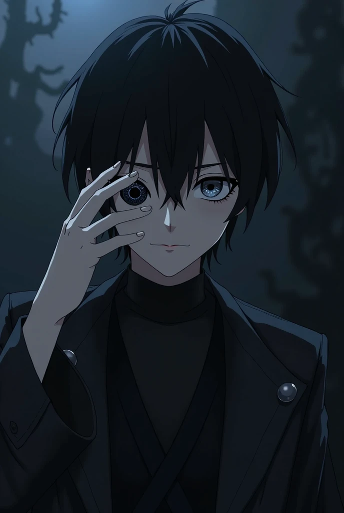 A mysterious anime-style character in a dark, eerie setting. The character has an intense, bone-chilling right black eye with no patterns or glow, exuding a sense of immense power. Left eye is normal. They are performing a unique hand gesture, reminiscent ...