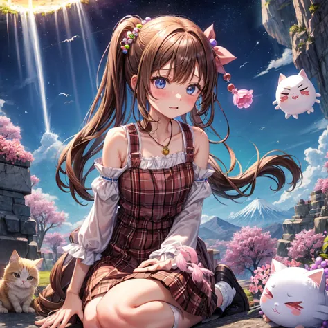 pink brown brown hair、 blue eyes、 has hair tied、Two cute、 Plaid Mini Skirt、 BLACK T-SHIRT、 light clothing、 One Piece、 camisole、 high socks 、Teeth are visible、The stone is cracked、 the road is crooked、Mountain々、diagonal、 monsters、fog、 Aurora、moon、 shooting ...