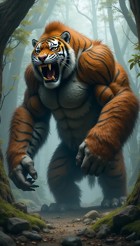  A hybrid creature that combines a gorilla and a tiger .  Its body is muscular and robust like that of a gorilla ,  with wide and powerful arms , capable of crushing stones .  Its skin is covered by a dense striped coat ,  mixing the tiger patterns with th...