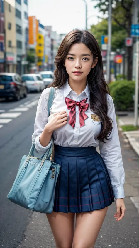 a beautiful 18 year old Japanese high school girl with perfect anatomy, healthy thighs, beautiful legs, beautiful skin, random hair color and style, large breasts, (wearing a Japanese schoolgirl uniform:1.3), (she is standing:1.2), penny loafers, holding a...