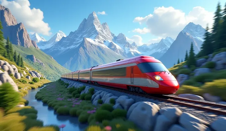 • New train on its way – A fast-moving train on a railway track with mountains in the background. 3d disney cartoon style 