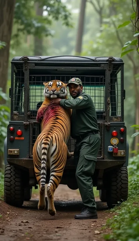 The tiger is taken to the hunter’s base A rugged off-road vehicle with a steel cage on the back is parked near a clearing. The wounded Bengal tiger, bound with thick ropes, is being lifted onto the vehicle by the hunter. The tiger’s fur is stained with dri...