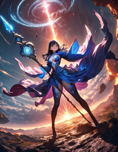 (beautiful girl:1.3), solo, (((wizard holding a magical staff))), (looking up), yamada anna, dark blue hair, asymmetrical bangs, brown eyes, Ultra-detailed eyes, beautiful detailed face, beautiful glossy lips, beautiful breasts, Glowing Skin, embarrassed s...