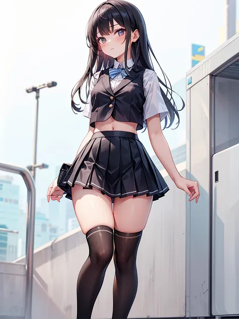 arafed asian woman in a skirt and tights posing for a picture, thighhighs and skirt, wearing skirt and high socks, outfit photo, wearing skirt, wearing a skirt, mini-skirt, wearing black vest and skirt, full body!!, full body!, miniskirt, full body picture...