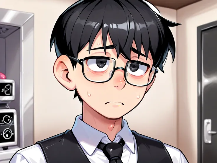 (( Masterpiece)), (( top quality)), ( beautiful boy portrait),  depth of coverage,  high resolution, black hair,home appliances,(Vendors),（ white shirt),( Black Vest ）( black tie), wearing glasses 、 sad expression 