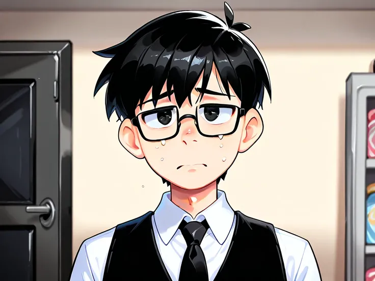 (( Masterpiece)), (( top quality)), ( beautiful boy portrait),  depth of coverage,  high resolution, black hair,home appliances,(Vendors),（ white shirt),( Black Vest ）( black tie), wearing glasses 、 sad expression 