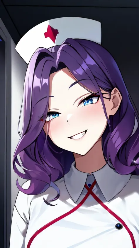 (masterpiece:1.3, best quality:1.3, ultra detailed:1.2, professional lighting:1.2, high resolution:1.2, sharp focus:1.2)
(cute nurse:1.3, mischievous smile:1.3, playful expression:1.2)
BREAK (purple hair:1.2, medium length hair:1.2, soft wavy hair:1.2)
(nu...