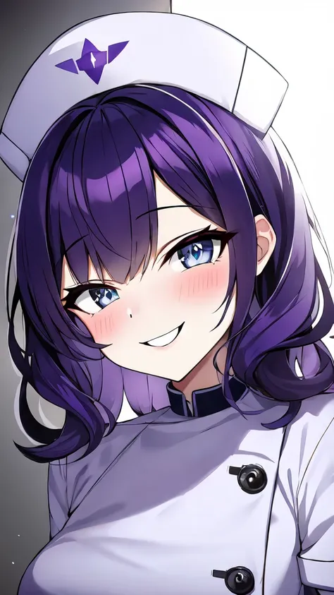 (masterpiece:1.3, best quality:1.3, ultra detailed:1.2, professional lighting:1.2, high resolution:1.2, sharp focus:1.2)
(cute nurse:1.3, mischievous smile:1.3, playful expression:1.2)
BREAK (purple hair:1.2, medium length hair:1.2, soft wavy hair:1.2)
(nu...