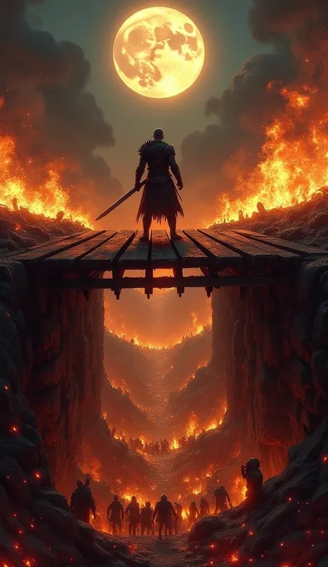 A lone warrior stands at the edge of a burning bridge, the wooden planks collapsing behind him as he braces for a final strike. The full moon casts his silhouette against the roaring flames, his greatsword glowing molten red from the heat. Below, a horde o...