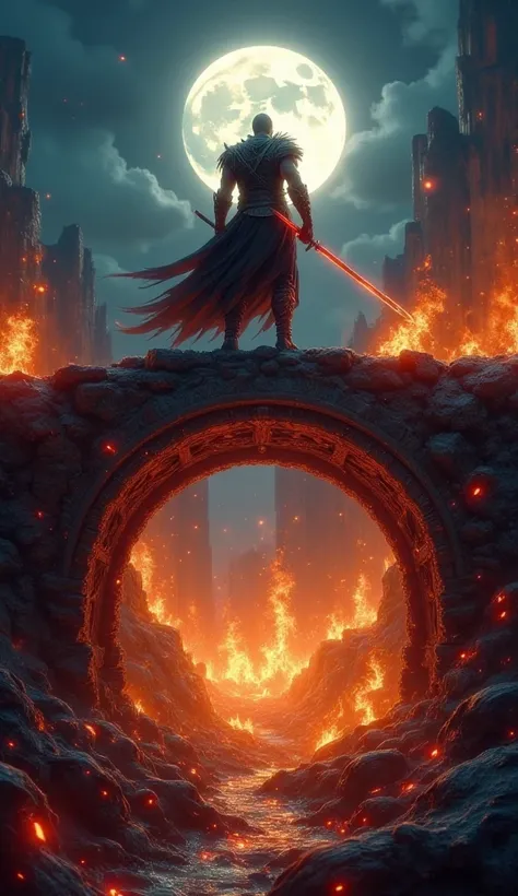 A lone warrior stands at the edge of a burning bridge, the wooden planks collapsing behind him as he braces for a final strike. The full moon casts his silhouette against the roaring flames, his greatsword glowing molten red from the heat. Below, a horde o...