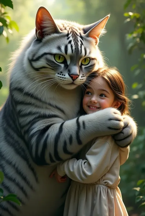 A breathtaking 4K realistic image of a  embracing a giant, majestic cat with luxurious, soft fur featuring a mesmerizing blend of white, gray, and black patterns. The cat is significantly larger than the girl, making the hug look even more heartwarming. Th...