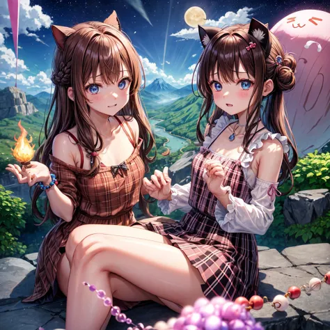 pink brown brown hair、 blue eyes、 has hair tied、Two cute、 Plaid Mini Skirt、 BLACK T-SHIRT、 light clothing、 One Piece、 camisole、 high socks 、Teeth are visible、The stone is cracked、 the road is crooked、Mountain々、diagonal、 monsters、fog、 Aurora、moon、 shooting ...