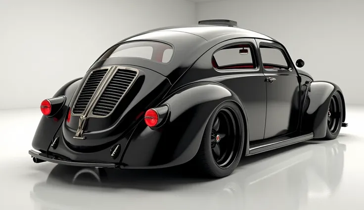  create an ultra-detailed 3D render  (close back view, )of a modern 1970  (      Wolkswagen Bettle    )with a bold designy  looking long like limousine captured from (close back view.) The car should feature a 'Gleamy oily ( Off black )' color and black ac...