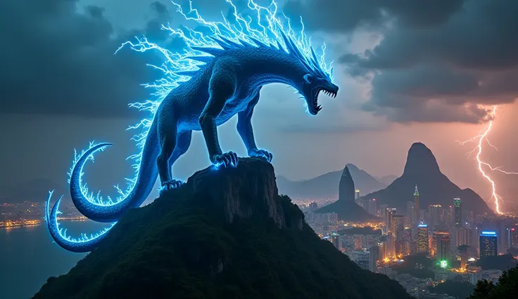 A colossal mythical beast, wreathed in blue flames and pulsating with electric fury, stands atop the crumbling remains of Christ the Redeemer. The Rio skyline is bathed in an eerie glow as red, golden, and green lightning dances through the turbulent storm...