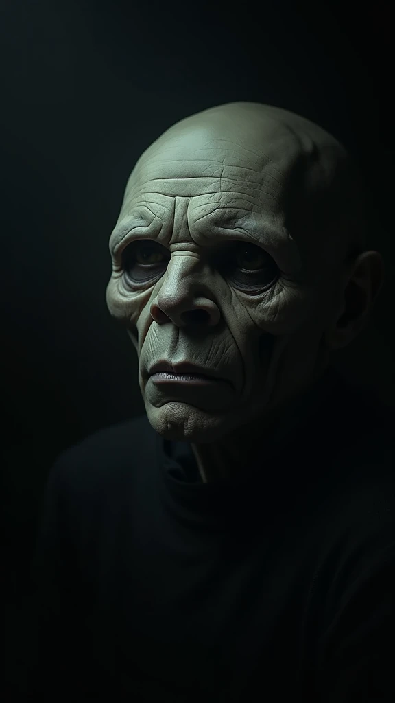 In the midst of darkness, A puffy face appears , lifeless,  but with a conscious look .  His pale, wrinkled skin gives the impression that he has been there for centuries,  waiting for someone to join him .