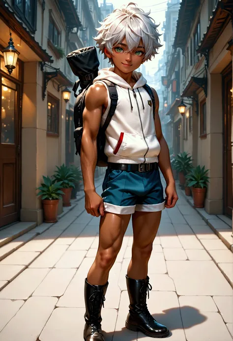 1boy, shota, muscular, dark copper tan skin, solo, silver hair, short messy hair, red streaked, (white sleeveless jacket with pocket:1.5), body belt, short pants, green eyes, cyberpunked bazooka on back, city street, lower buildings, standing on the street...