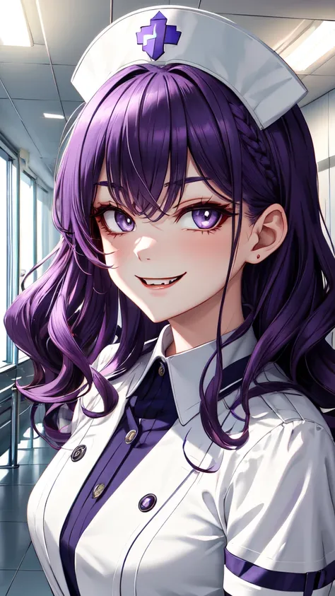 (masterpiece:1.3, best quality:1.3, ultra detailed:1.2, professional lighting:1.2, high resolution:1.2, sharp focus:1.2)
(cute nurse:1.3, mischievous smile:1.3, playful expression:1.2)
BREAK (purple hair:1.2, medium length hair:1.2, soft wavy hair:1.2)
(nu...