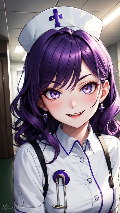 (masterpiece:1.3, best quality:1.3, ultra detailed:1.2, professional lighting:1.2, high resolution:1.2, sharp focus:1.2)
(cute nurse:1.3, mischievous smile:1.3, playful expression:1.2)
BREAK (purple hair:1.2, medium length hair:1.2, soft wavy hair:1.2)
(nu...