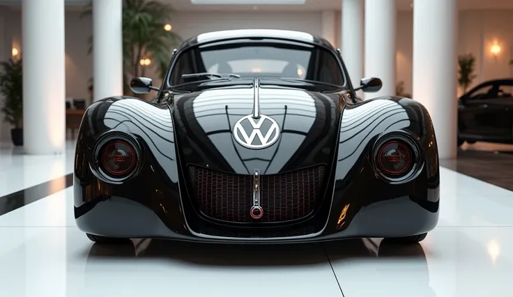  create an ultra-detailed 3D render  (close front  view, )of a modern 1970  (      Wolkswagen Bettle    )with a bold designy  looking long like limousine captured from (close front  view.) The car should feature a 'Gleamy oily ( Off black )' color and blac...