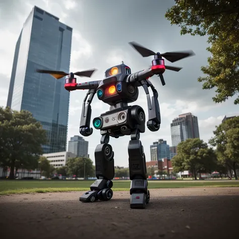 Realistic photo: "A ((robotic drone avatar)) hovering above a ((modern city park)), scanning the environment while ((humans)) walk by unaware. Image type: ((photograph)), camera: ((85mm lens)), ((long shot)), ((front view)). Lighting: ((overcast daylight))...