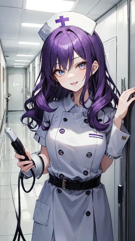 (masterpiece:1.3, best quality:1.3, ultra detailed:1.2, professional lighting:1.2, high resolution:1.2, sharp focus:1.2)
(cute nurse:1.3, mischievous smile:1.3, playful expression:1.2)
BREAK (purple hair:1.2, medium length hair:1.2, soft wavy hair:1.2)
(nu...