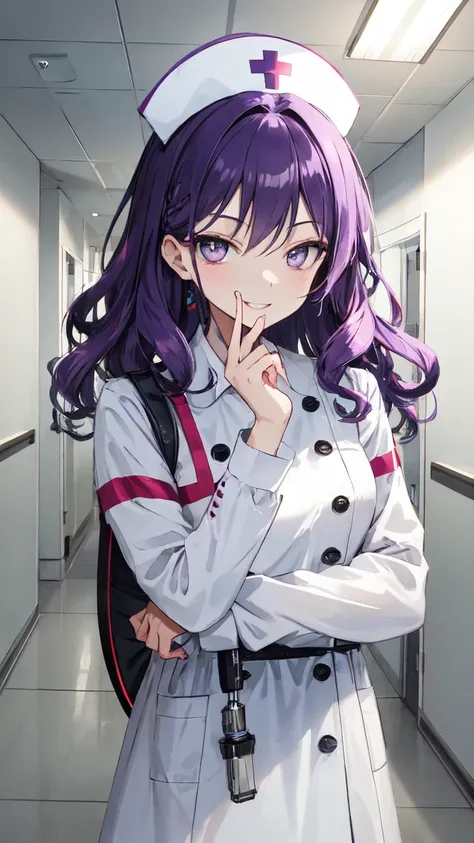 (masterpiece:1.3, best quality:1.3, ultra detailed:1.2, professional lighting:1.2, high resolution:1.2, sharp focus:1.2)
(cute nurse:1.3, mischievous smile:1.3, playful expression:1.2)
BREAK (purple hair:1.2, medium length hair:1.2, soft wavy hair:1.2)
(nu...