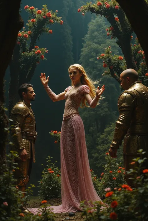 foreground:1.5, ( Rapunzel - Redesigned , Fractal, Net), (surreal Fractal art:1.3), ( beautiful man looks at the camera very sadly. Reaches out her hand at the camera , A warrior wears shiny armor and weapons ), (  very detailed  , 8k, Beautiful epic scene...