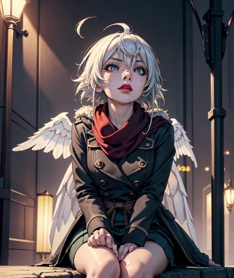 (A moth girl sitting under a streetlight.), BREAK, 

(1girl, moth girl, solo), (insert feelers, moth feelers, white feelers, fluffy feelers), (white wings, moth wings, insert wings), (hair between eyes, hair over left eye:1.1, bangs, white hair, short hair...