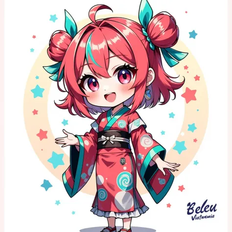 ( chibi:1.4), chibi character, chibi style, toe, (cwhite background:1.4),full body,masterpiece, high quality, 4K, HDR,, A girl with frills,  anime style, Ninja、 with a cheerful smile、 open your mouth wide、 simple background、Japanese style、 red kimono、Small...