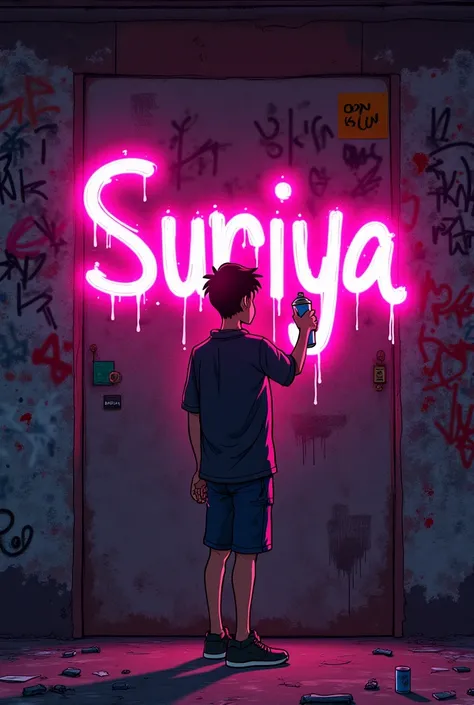 Genarate aninated image of a age boy, 18 years old, inside the dark room, graffitiing his name "Suriya" in pink neon color on the wall.