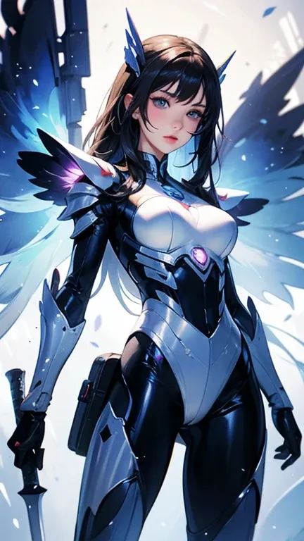  top quality 、 masterpiece、 Ultra HD、 Arad woman wearing futuristic suit，With wings and a sword,  girl in mecha cyber armor , 赛博朋克cartoon女孩机甲, 与有机体混合的cartoon,  Mechanical Valkyrie Girl , 完美的cartoon生化人女性,  cute girl, Female Mecha, Simple futuristic electron...